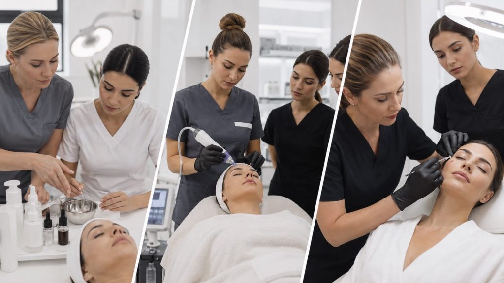 Aesthetics training pathway showing foundation, advanced skin treatments and injectable practice.