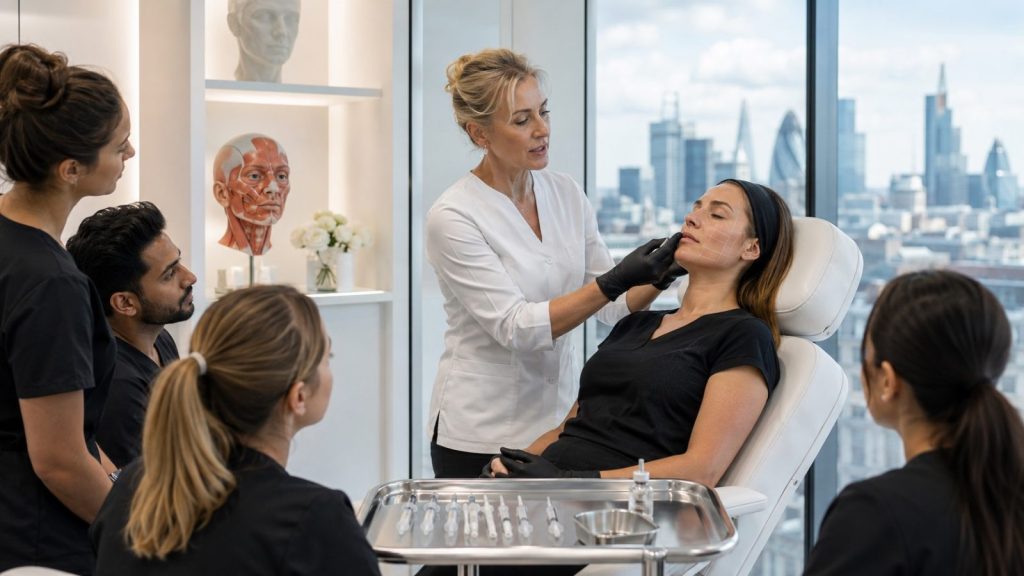 Advanced aesthetics trainer demonstrating injectable treatment planning during a ProQual Level 7 course in London.