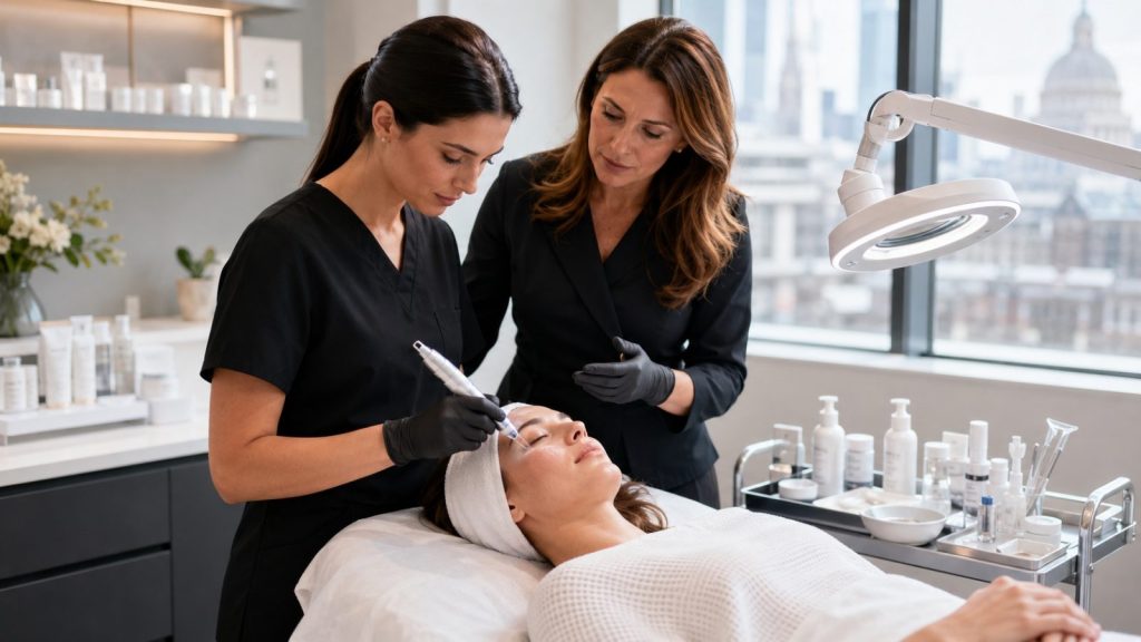 Non-medical aesthetics student receiving supervised Level 4 skin treatment training in a modern London academy.